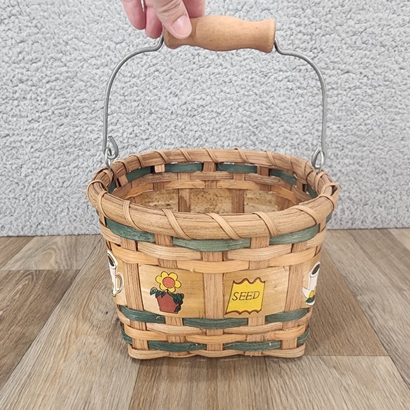 Vintage Woven‎ Basket with Handle Rustic Farmhouse Decor Seed Flower Pot Design - Picture 1 of 13